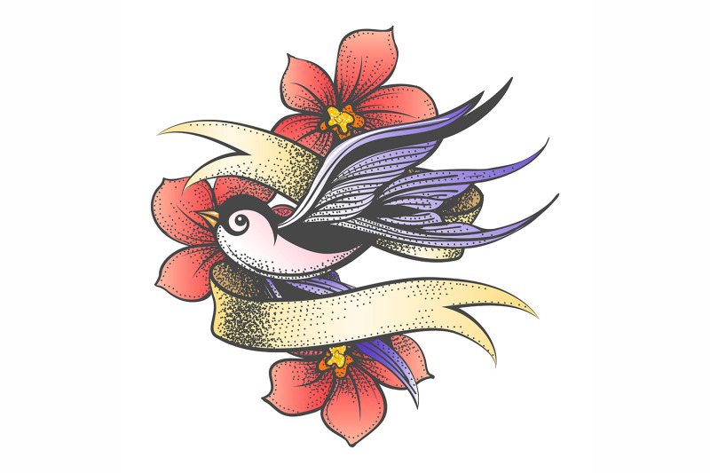 flying-swallow-with-golden-ribbon-and-flowers-tattoo