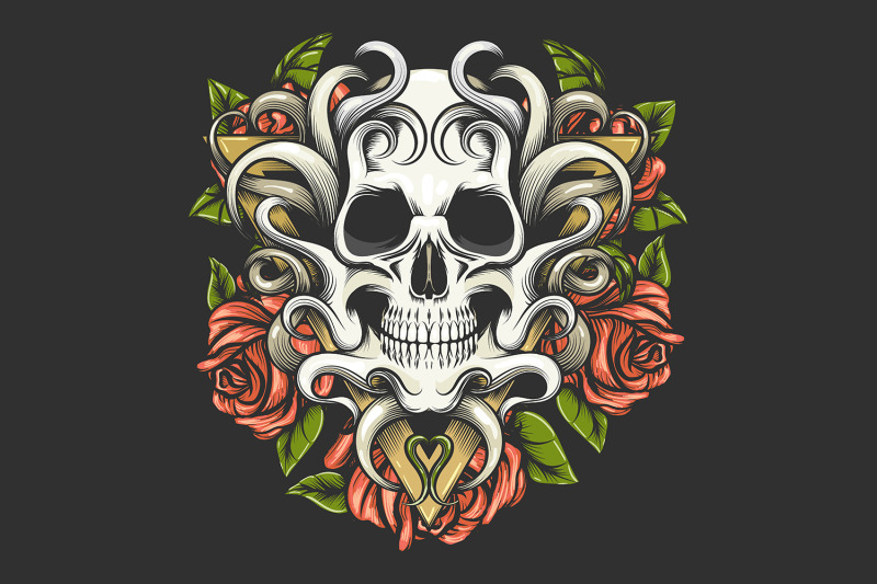 human-skull-with-rose-flowers-on-triangle-shape-tattoo
