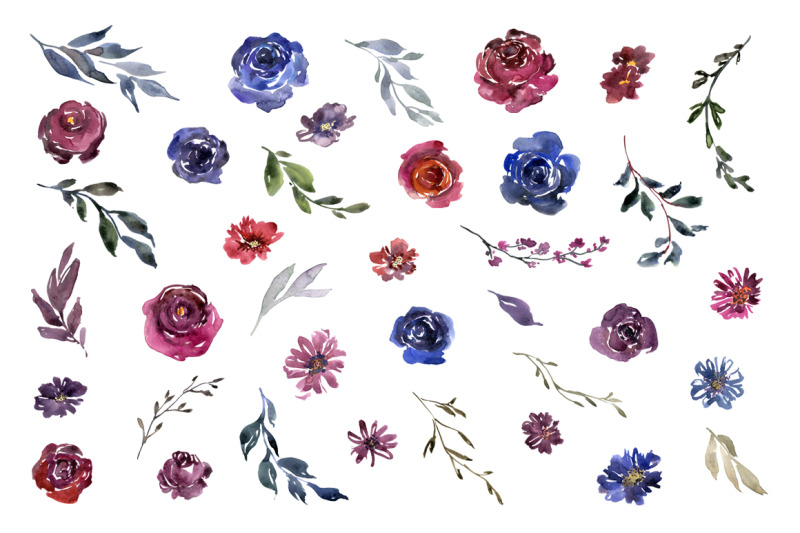 burgundy-amp-blue-watercolor-flowers-roses