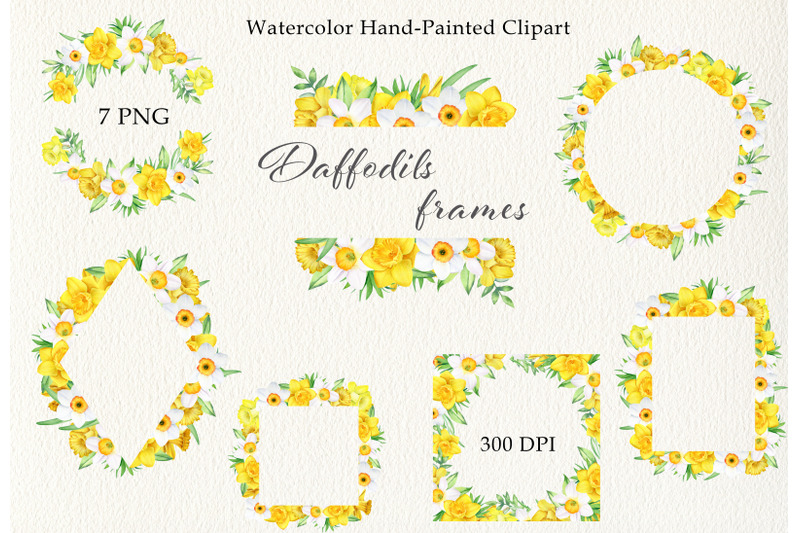 watercolor-daffodils-frames-wreath-clipart-set-hand-painted-png