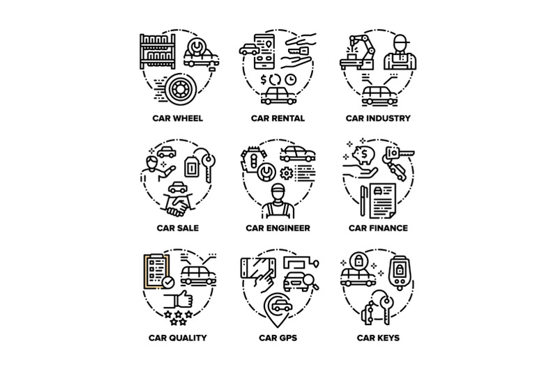 car-vehicle-set-icons-vector-black-illustrations