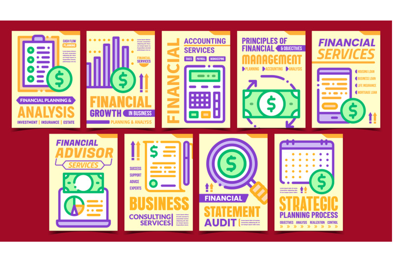 financial-accounting-promo-posters-set-vector