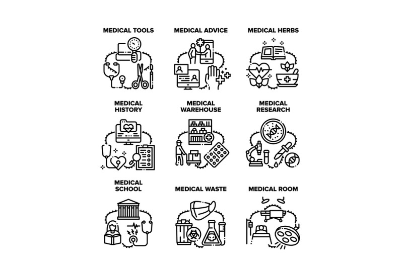 medical-advice-set-icons-vector-black-illustrations