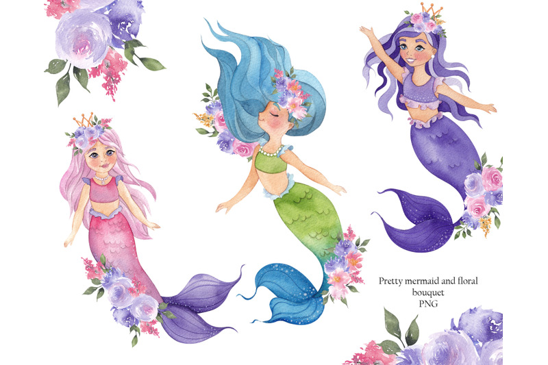 mermaid-clipart-watercolor-underwater-collection