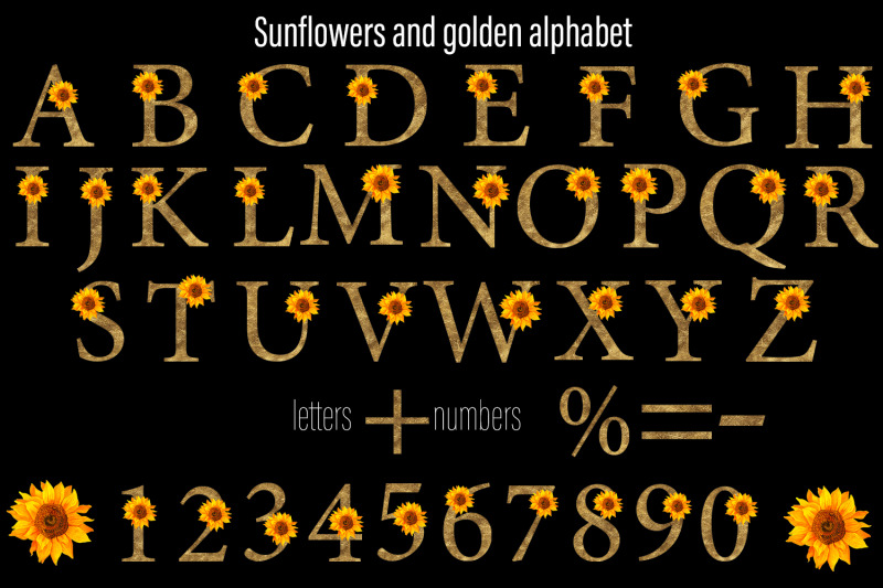 sunflowers-and-gold-alphabet-letters-and-numbers-clipart