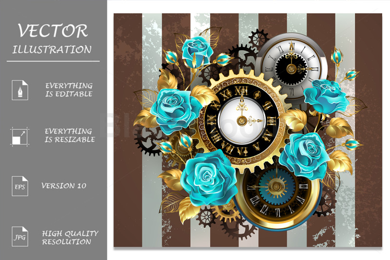 steampunk-striped-background-with-clock-and-turquoise-roses