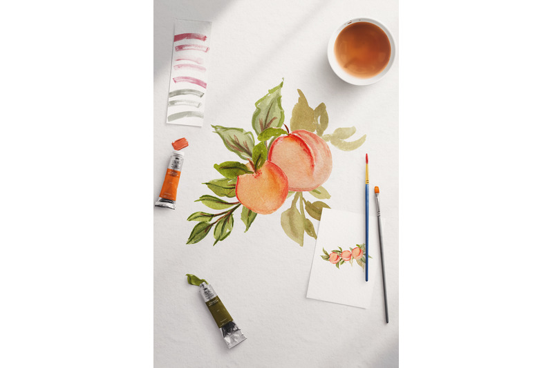 greenery-summer-peaches-peaches-arrangements-watercolor-clipart