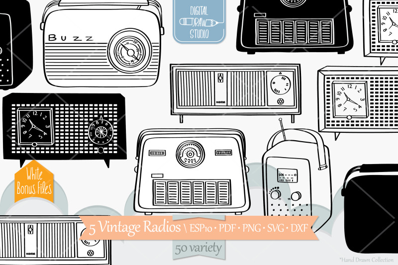 vintage-radios-black-amp-white-hand-drawn-retro-alarm-clock