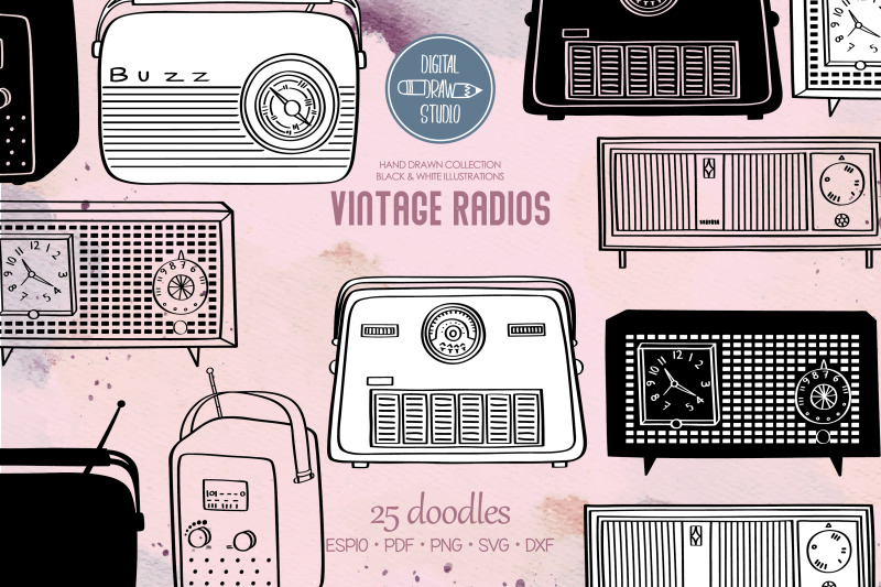 vintage-radios-hand-drawn-retro-alarm-clock