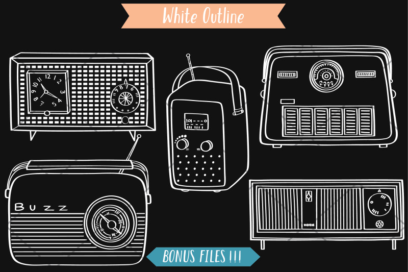 vintage-radios-black-amp-white-hand-drawn-retro-alarm-clock