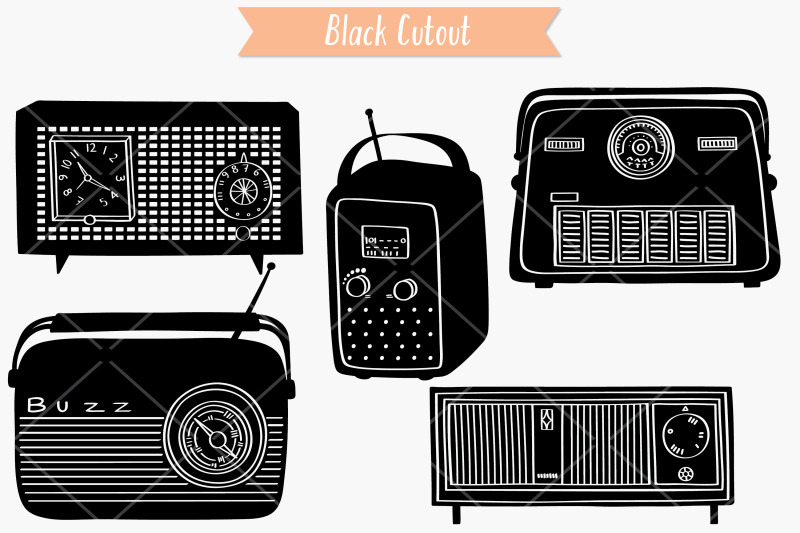 vintage-radios-black-amp-white-hand-drawn-retro-alarm-clock