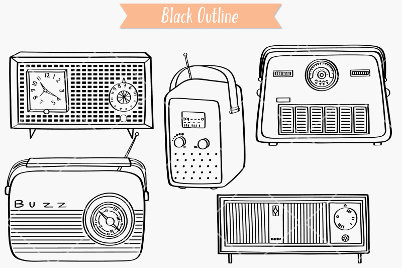 vintage-radios-black-amp-white-hand-drawn-retro-alarm-clock