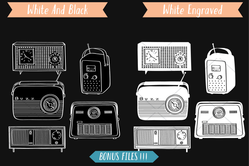 vintage-radios-black-amp-white-hand-drawn-retro-alarm-clock