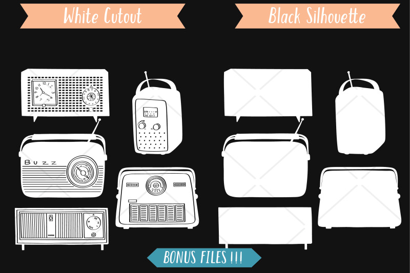 vintage-radios-black-amp-white-hand-drawn-retro-alarm-clock