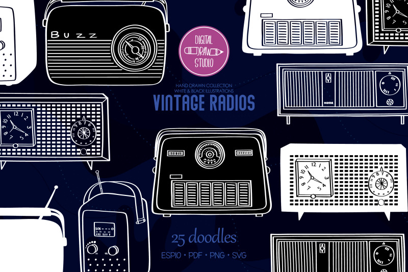 vintage-radios-white-hand-drawn-retro-alarm-clock