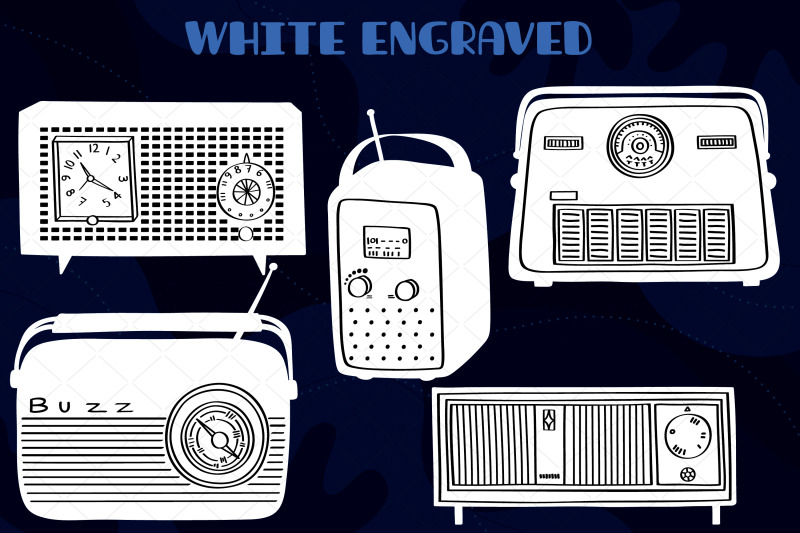 vintage-radios-white-hand-drawn-retro-alarm-clock