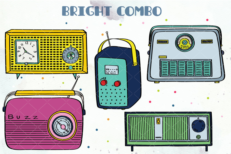 vintage-radios-colored-hand-drawn-retro-alarm-clock