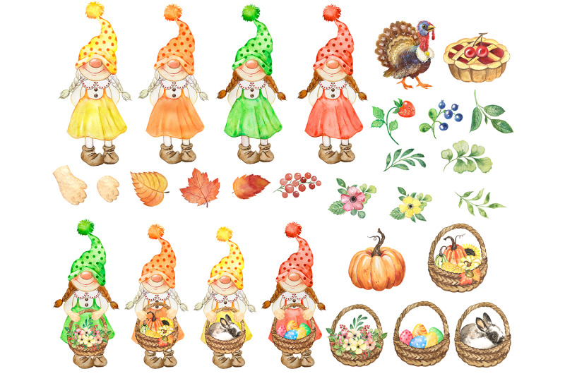 Download Gnome Girl Watercolor Clipart Festive Clipart Gnomes With Baskets By Evgeniia Grebneva Painting Thehungryjpeg Com