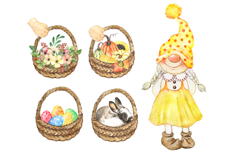 gnome-girl-watercolor-clipart-festive-clipart-gnomes-with-baskets