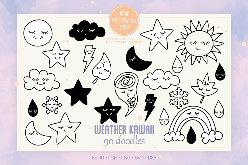 weather-kawaii-hand-drawn-star-moon-sun-cloud-rainbow-tornado