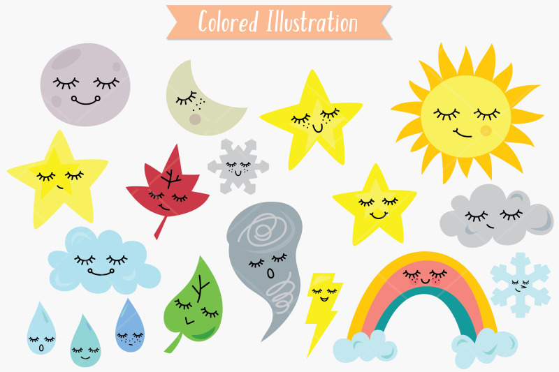 color-weather-kawaii-star-moon-sun-cloud-rainbow-tornado-doodle