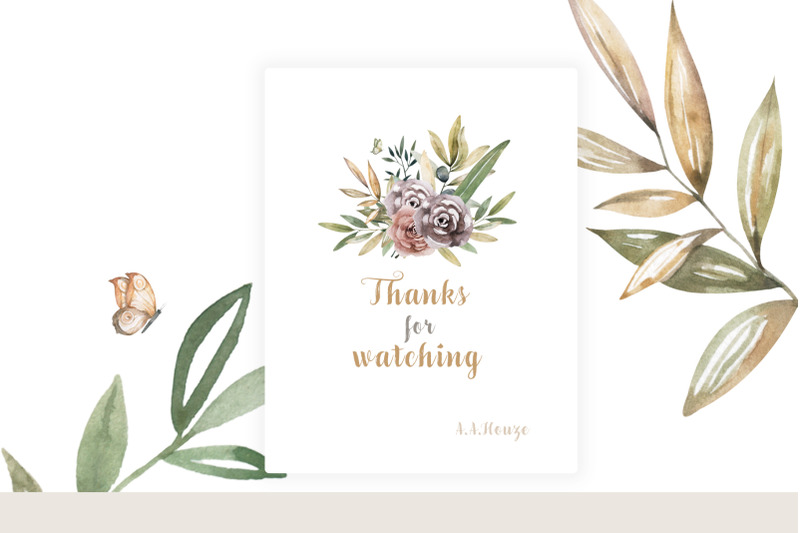 watercolor-bouquet-and-wreath-olive-leaves-brown-watercolor-flowers