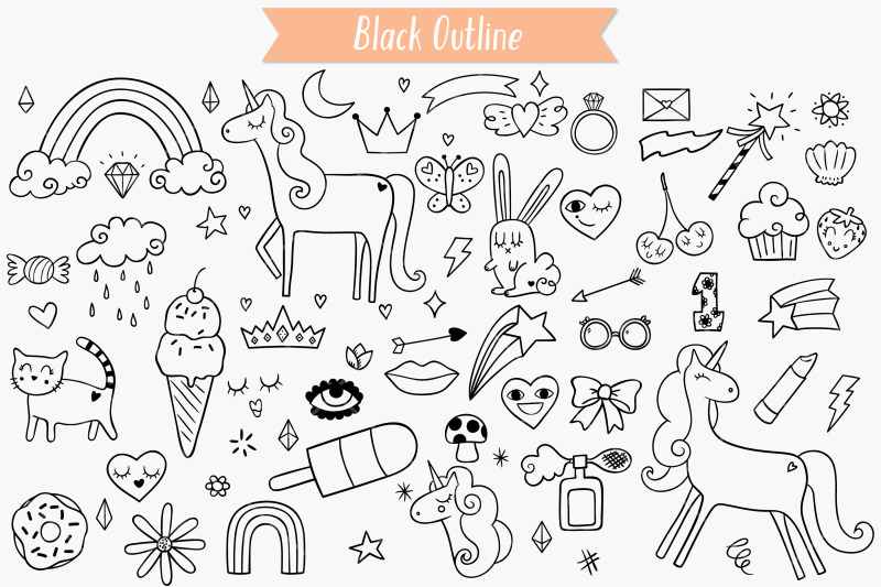 whimsical-doodles-hand-drawn-unicorn-rainbow-heart-lips-flowers
