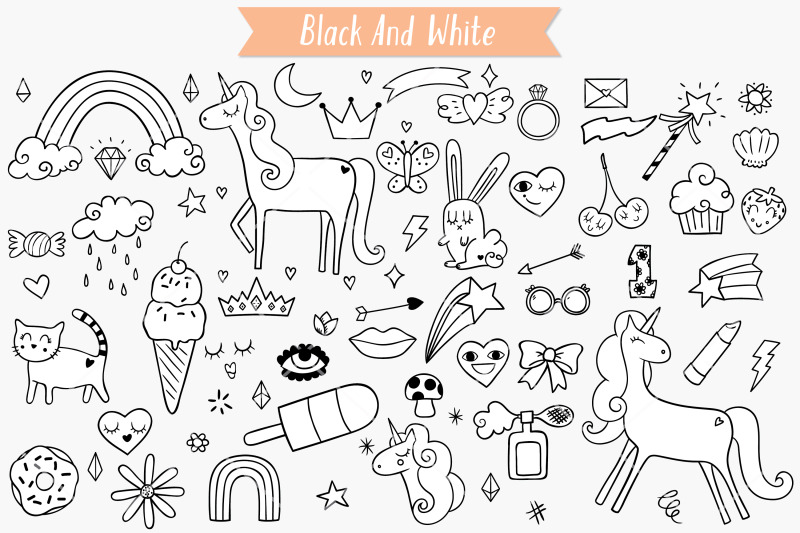 whimsical-doodles-hand-drawn-unicorn-rainbow-heart-lips-flowers
