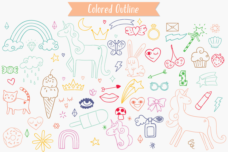 whimsical-doodles-hand-drawn-unicorn-rainbow-heart-lips