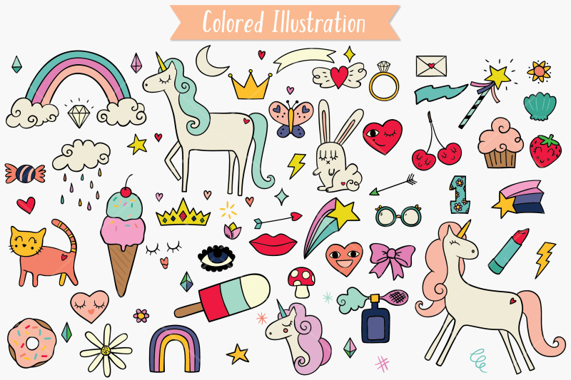 whimsical-doodles-hand-drawn-unicorn-rainbow-heart-lips