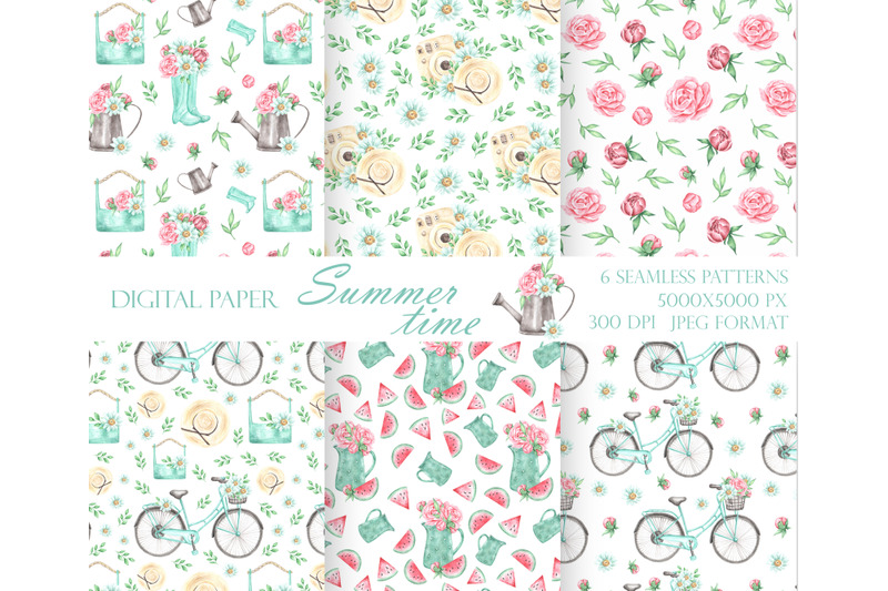 summer-watercolor-seamless-patterns-village-provence-bicycle-hat