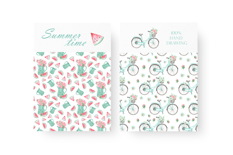 summer-watercolor-seamless-patterns-village-provence-bicycle-hat