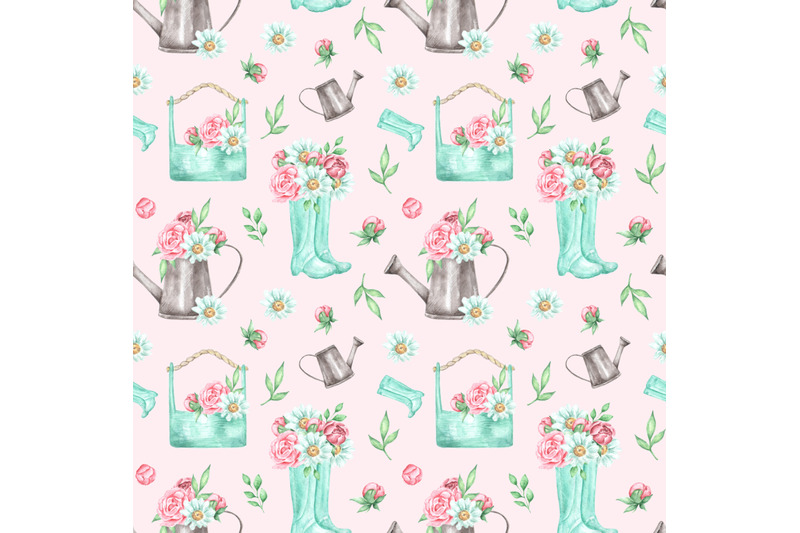 summer-watercolor-seamless-pattern-summer-flowers-rubber-boots