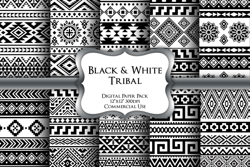 black-and-white-tribal-digital-paper-pack