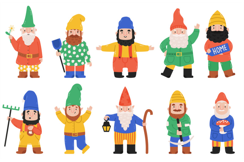 Cute garden gnomes. Dwarf characters with lantern, flowers and mushroo ...