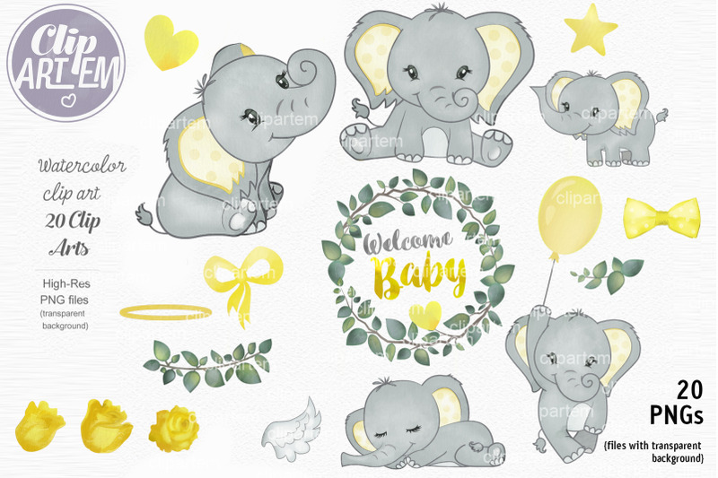 welcome-baby-yellow-elephant-bundle-20-png-watercolor-set