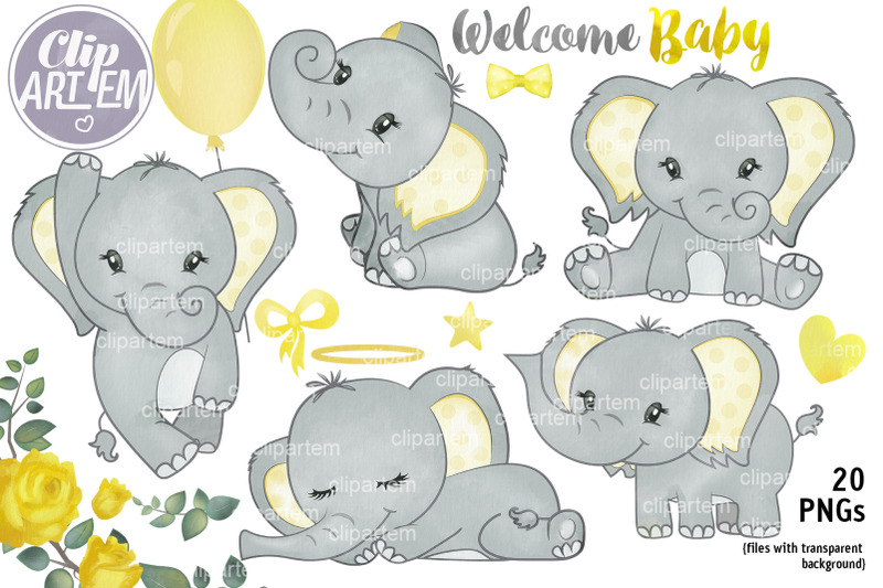 welcome-baby-yellow-elephant-bundle-20-png-watercolor-set