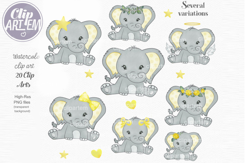 welcome-baby-yellow-elephant-bundle-20-png-watercolor-set