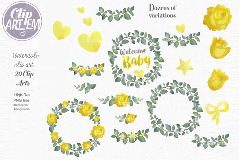 welcome-baby-yellow-elephant-bundle-20-png-watercolor-set