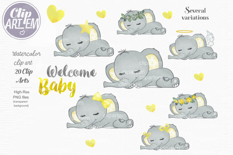 welcome-baby-yellow-elephant-bundle-20-png-watercolor-set