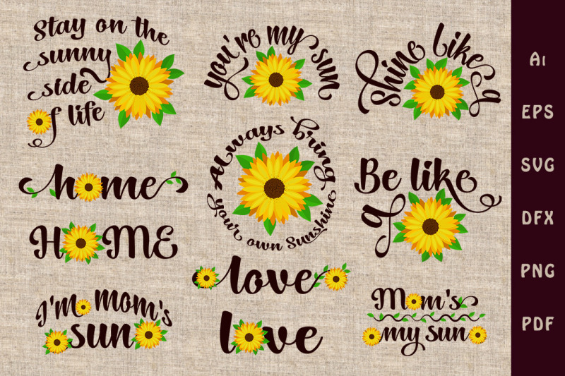 set-of-phrases-and-words-with-sunflower-flower