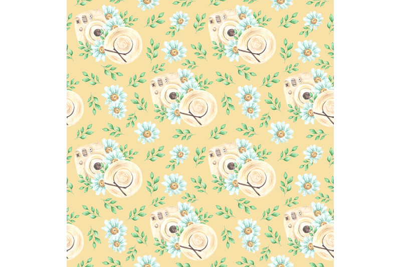 sunny-summer-watercolor-seamless-pattern-camera-daisies-straw-hat