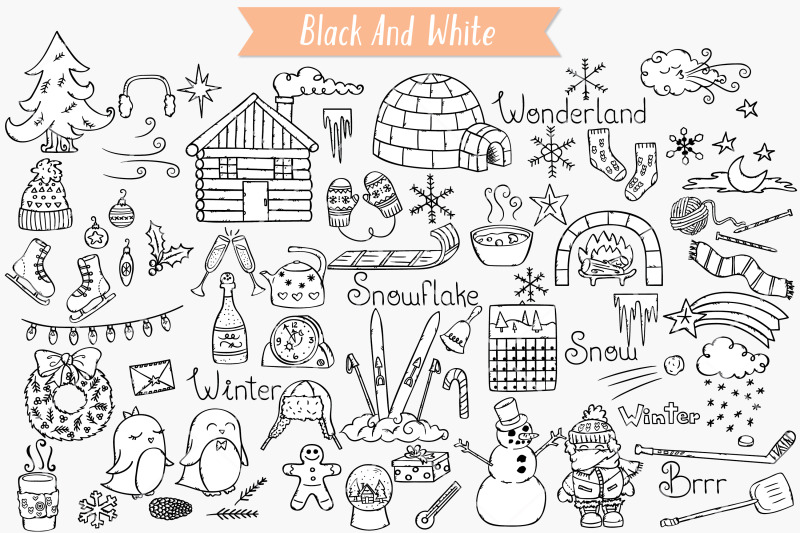 winter-season-doodles-hand-drawn-mittens-igloo-snowman-penguin