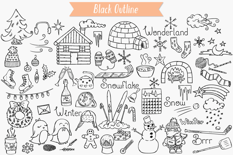 winter-season-doodles-hand-drawn-mittens-igloo-snowman-penguin