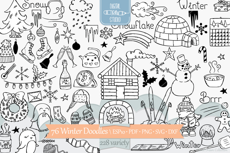 winter-season-doodles-hand-drawn-mittens-igloo-snowman-penguin