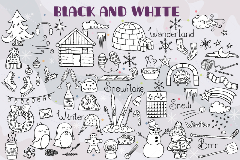 winter-season-doodles-hand-drawn-mittens-igloo-snowman-penguin