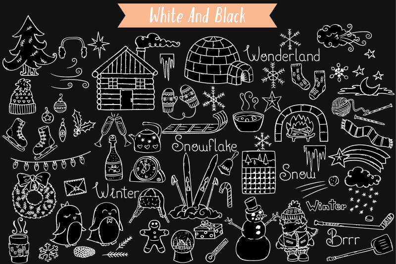winter-season-white-doodles-mittens-igloo-snowman-penguin-sport