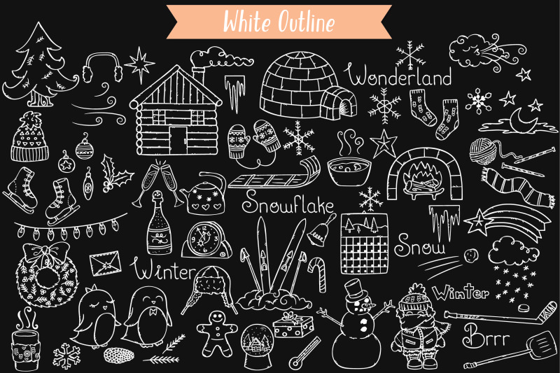 winter-season-white-doodles-mittens-igloo-snowman-penguin-sport