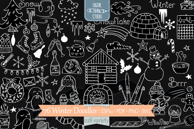 winter-season-white-doodles-mittens-igloo-snowman-penguin-sport