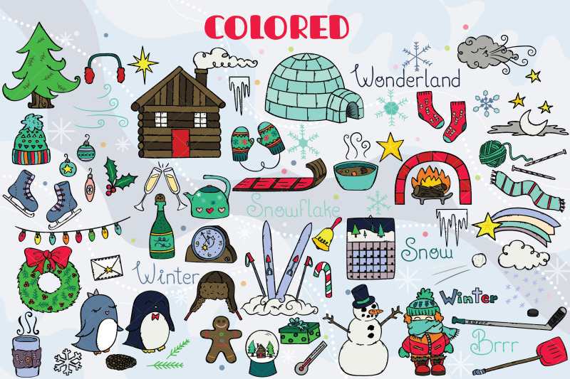 winter-season-color-doodles-mittens-igloo-snowman-penguin-sport